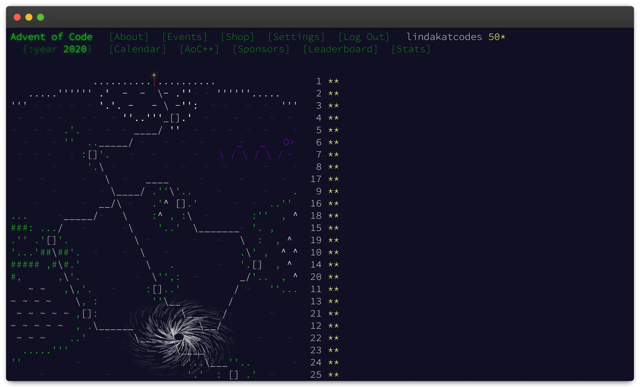 A black background with 25 white numbers along the right side, each with two gold stars to the right of them. Ascii art creates a map of bracket markers and land masses with a small red pole with a star centered along the top, a purple sea monster in the ocean, and a hurricane spiral along the bottom right.