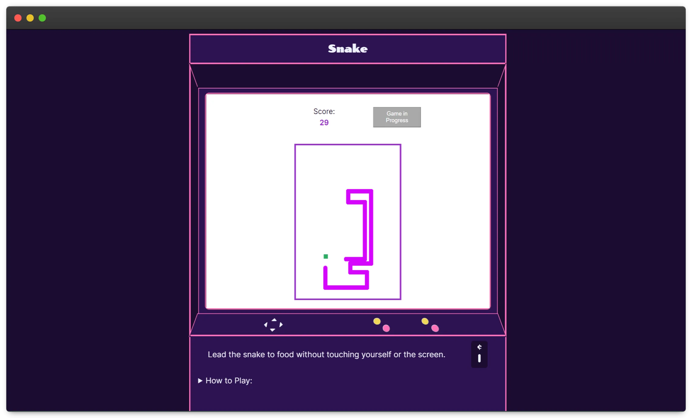 A purple background with an arcade machine in the center, outlined in neon pink. The machine heading says the game is called Snake. On the white screen, it shows the user has a score of 0 and a button saying a game is in progress. Below this is a purple outlined rectangle with a green square for the snake food and a light blue dot as the snake itself.