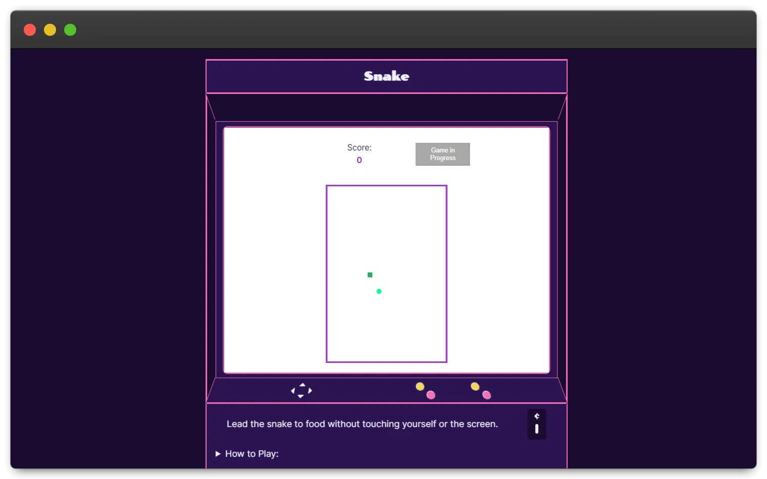 A purple background with an arcade machine in the center, outlined in neon pink. The machine heading says the game is called Snake. On the white screen, it shows the user has a score of 0 and a button saying a game is in progress. Below this is a purple outlined rectangle with a green square for the snake food and a light blue dot as the snake itself.