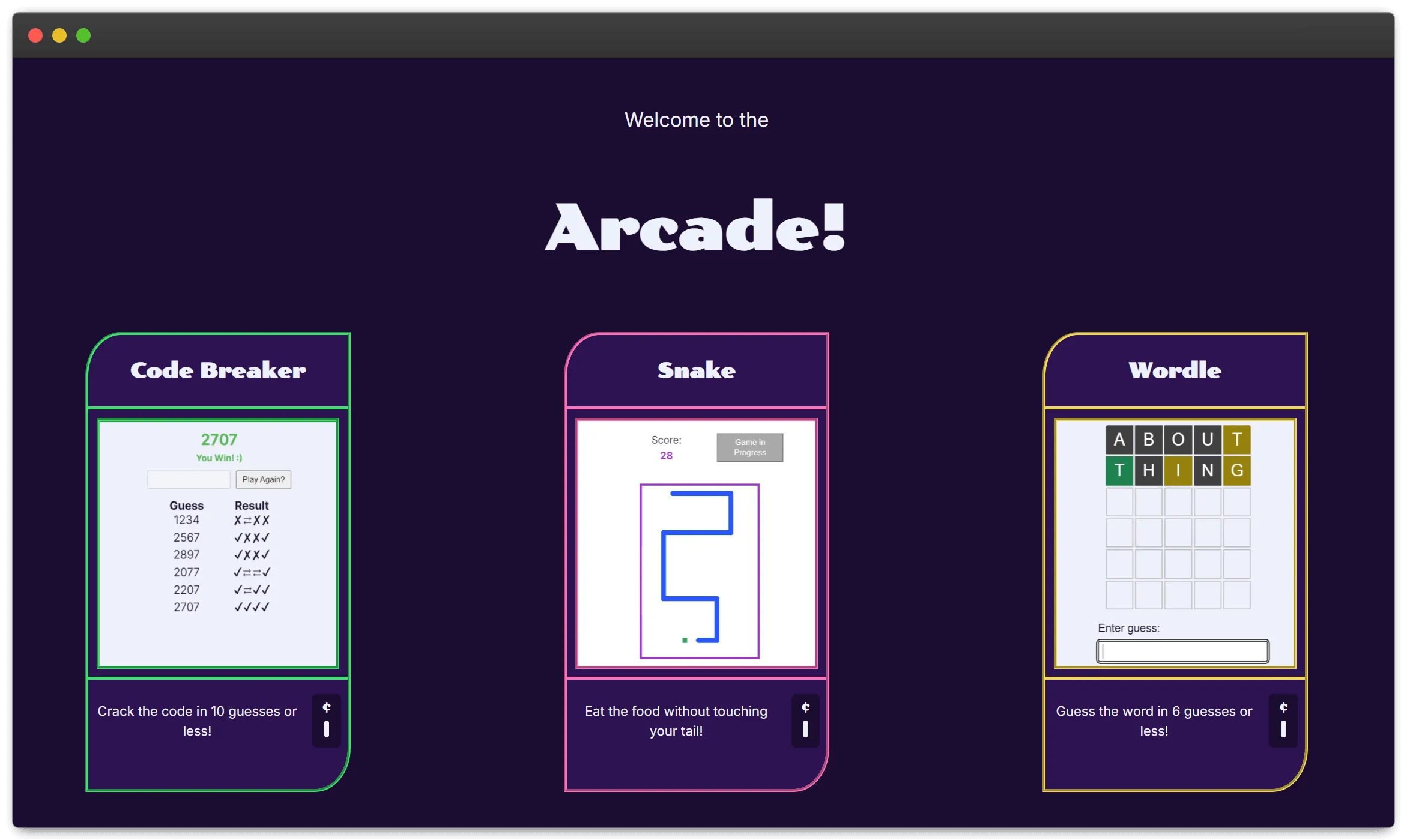 A heading reads 'Welcome to the Arcade!' on a dark purple background. Below the heading are three tall rectangles, each with the name of a game, a screenshot of the game, and a small blurb with the game objective.