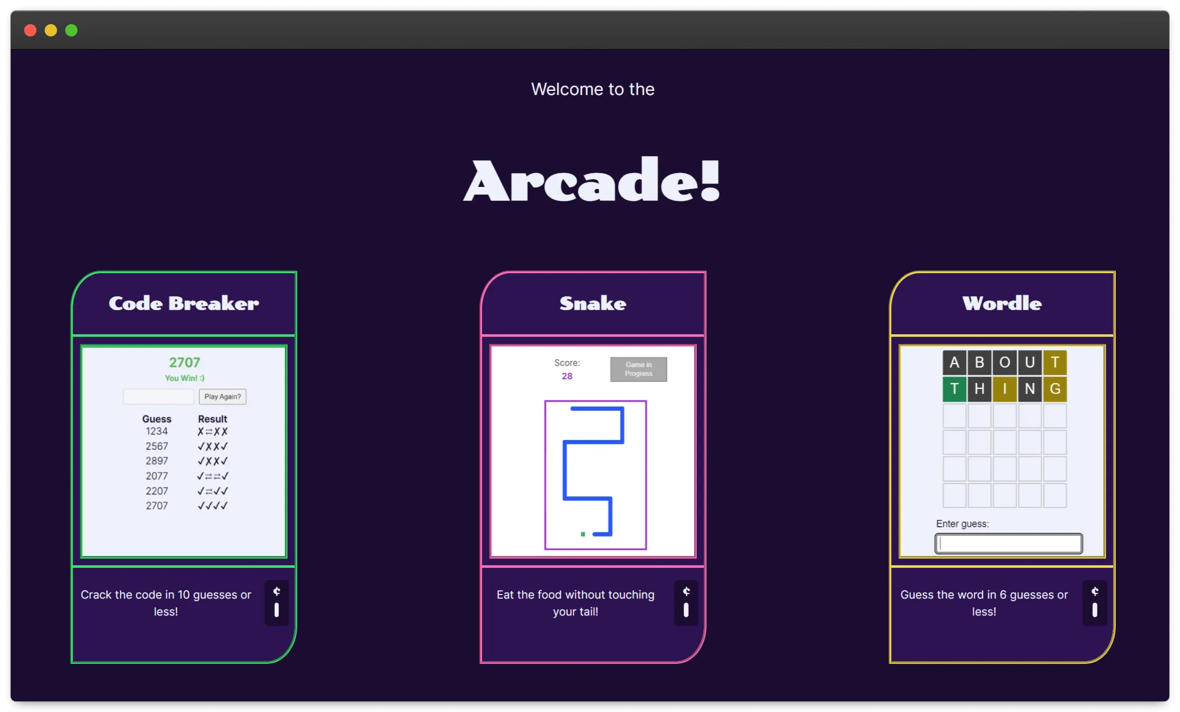 A heading reads 'Welcome to the Arcade!' on a dark purple background. Below the heading are three tall rectangles, each with the name of a game, a screenshot of the game, and a small blurb with the game objective.