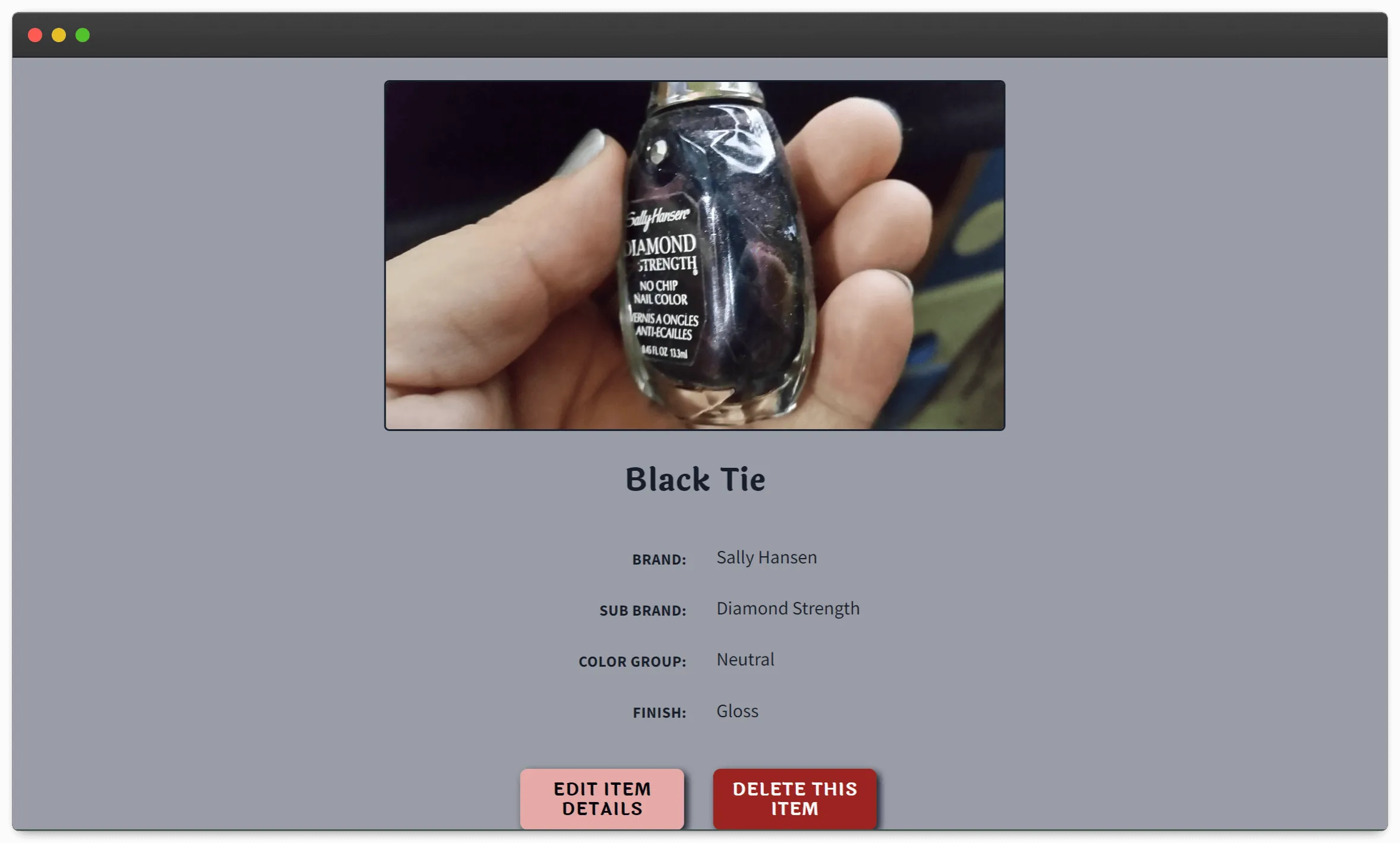 At the top left, a link in black text with a pink underline saying Back to All Items. In the center of the page, a hand holds a bottle of blue nail polish that says Zoya. Underneath the photo, there is data about the polish - the name Sia, brand Zoya, color group blue, and finish gloss.