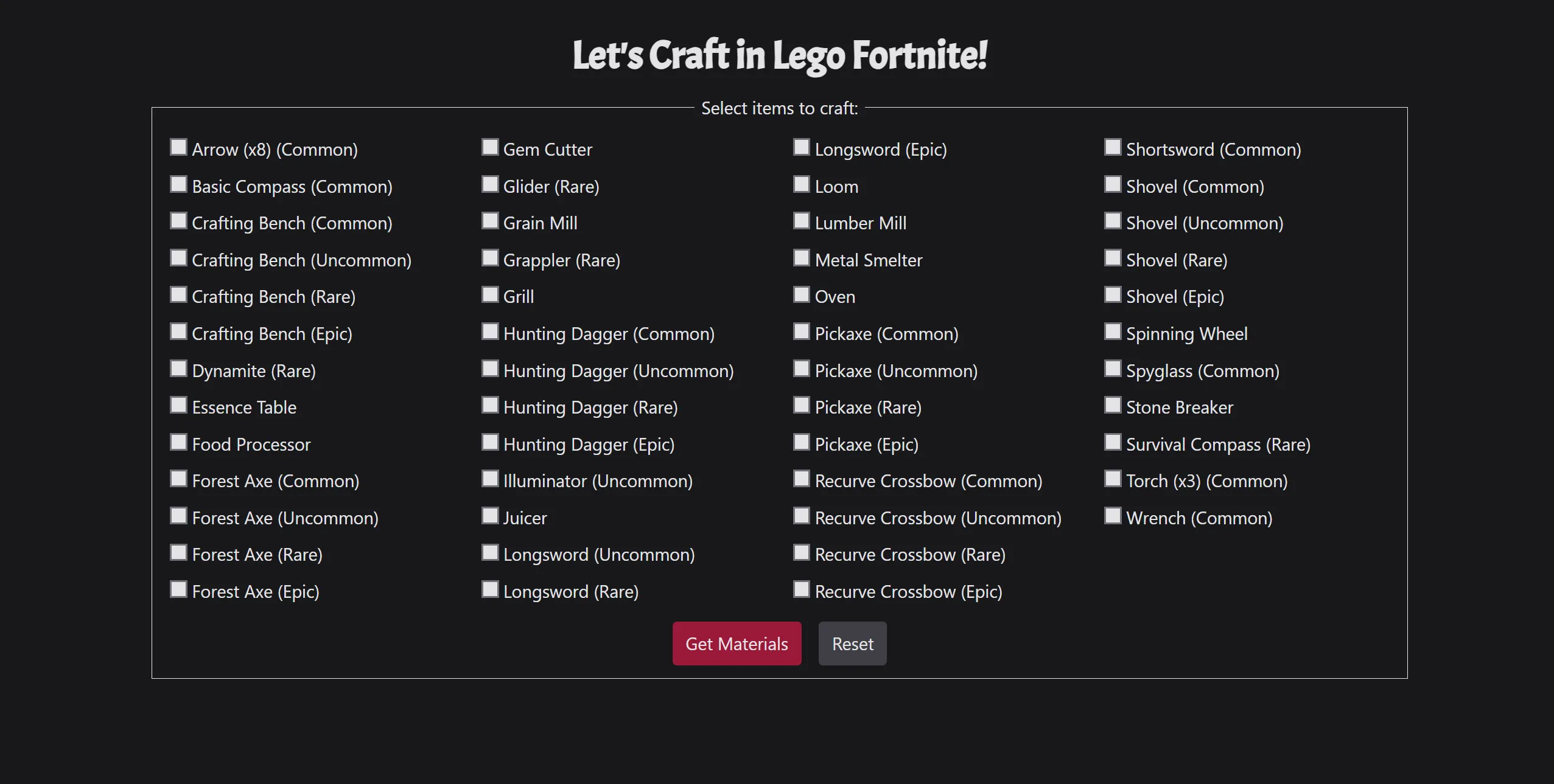 A four column list of checkboxes and item names white text on a black background, with a cherry red and dark gray button set below to generate the crafting list.