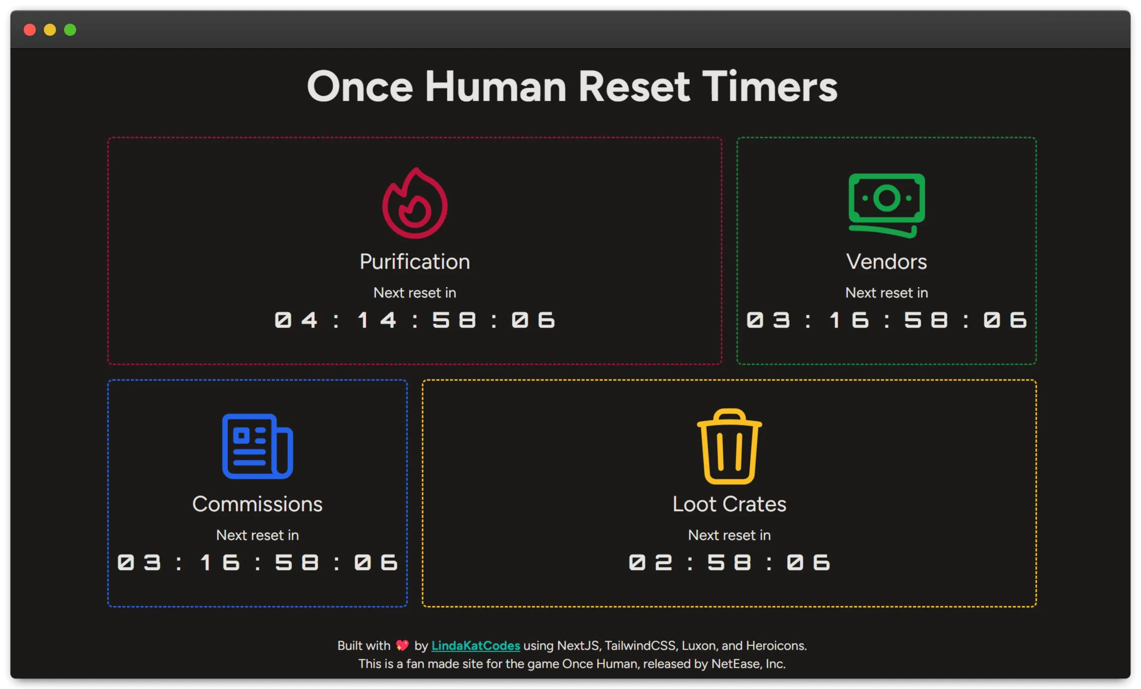 White text across the top reads Once Human Reset Timers. The rest of the page is filled with four boxes, two per row. The top left and bottom right boxes are double the width of the other two boxes. Each box contains an icon, title, and countdown timer to show when each will reset.